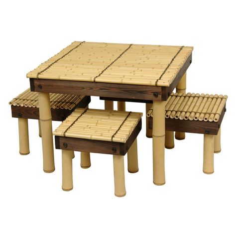 Oriental Furniture Zen Bamboo 5 Piece Coffee Table Patio Chat Set - WD99082-WD99083 Bamboo Furniture Diy, Bamboo Diy, Coffee Table Inspiration, Bamboo Coffee Table, Design Cafe, Bamboo Decor, Asian Furniture, Bamboo Table, Bamboo Chair