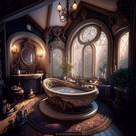 Fantasy Castle Bathroom, Dark Fantasy Bathroom, Architecture Renovation, Fairytale House, Fantasy Rooms, Dream Bath, Fantasy Homes, Fantasy House, Fantasy Places