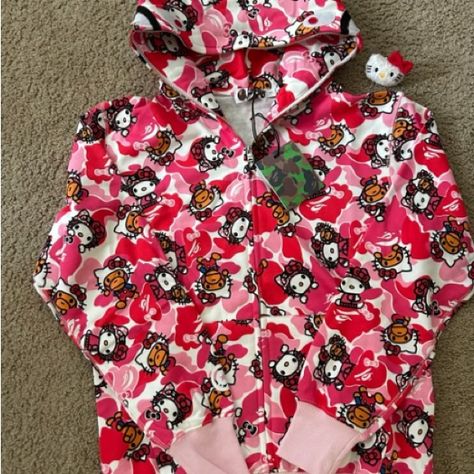 Brand New With Tags, Rare Hello Kitty Bape Hoodie Bape Hello Kitty, Hello Kitty Bape, Pink Bape Hoodie, Designed Hoodies, Rare Hello Kitty, Bape Jacket, Chanel Heels, Bape Hoodie, Shark Hoodie