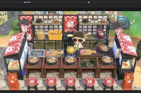 Kimono Stand Animal Crossing, Animal Crossing Sushi Stall, Acnh Japanese Restaurant Outdoor, Animal Crossing Night Market, Acnh Sushi Bar, Acnh Sushi Restaurant, Joey Acnh, Acnh Restaurant Designs, Acnh Simple