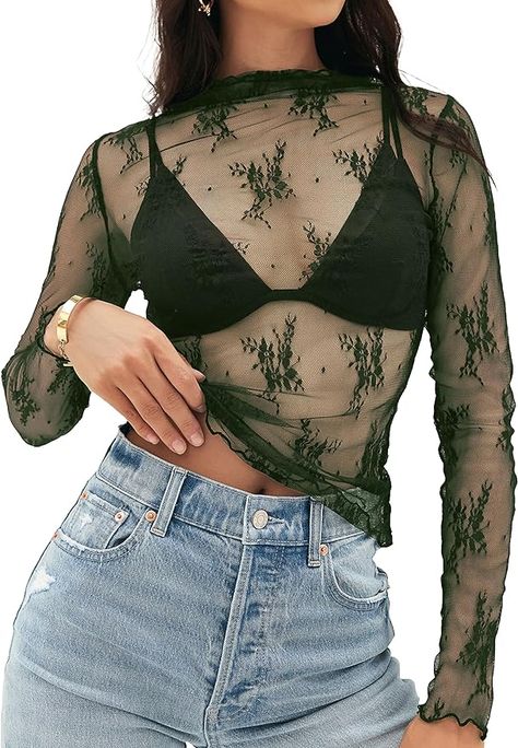 MEROKEETY 2024 Womens Mesh Sheer Long Sleeve Layering Top Mock Neck Lace Floral See Through Shirt Blouses Long Sleeve Layering, Sheer Long Sleeve, Layered Tops, Neck Lace, Mock Neck, Layering, Shirt Blouses, Button Down Shirt, Blouses