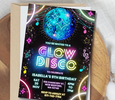 Editable Glow Disco Birthday Invitation, Disco Gender Neutral Invite, Dance Party Template, Lets Glow Crazy, Glow in the dark Disco Birthday Invitation, Groovy Colors, Disco Birthday, Dance Party Birthday, Disco Birthday Party, Neon Birthday, Party Template, Disco Dance, Neon Glow