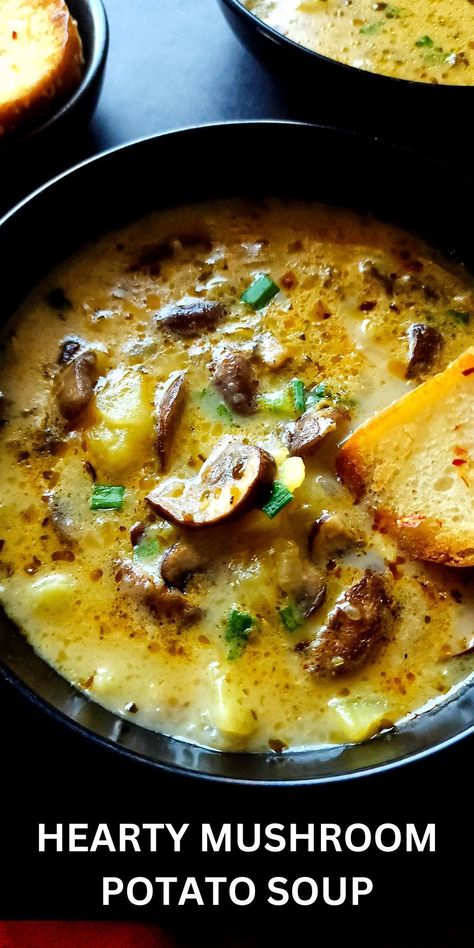 Want to add more flavors to a basic potato soup? Try this delicious potato soup with mushrooms. It's easy to make, needs a handful of ingredients but is very flavorful and satisfying. Mushroom Potato Soup, Mushroom Potato, Soup With Mushrooms, Vegetarian Soup Recipes, Vegan Soup Recipes, Soup Kitchen, Potato Soup Recipe, Chowder Recipes, Vegetarian Soup