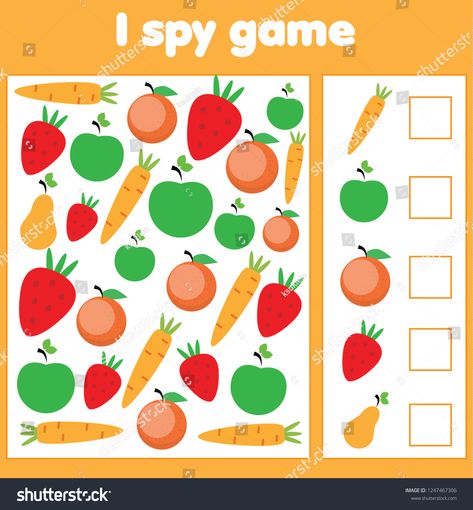 I spy game for toddlers. Find and count vegetables and fruits. Children educational game. study methematics page for pre school years kids #Ad , #ad, #vegetables#count#Children#fruits Educational Math Games, Game For Toddlers, Teach English To Kids, Bahasa China, Fun Worksheets For Kids, Transportation Preschool, Farm Preschool, I Spy Games, Learning English For Kids