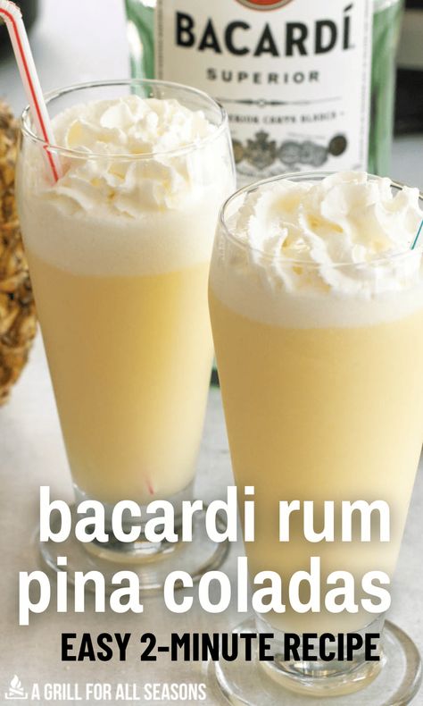 Are you craving a tropical drink? This Bacardi Pina Colada Recipe is calling your name. Make a Classic Frozen Piña Colada with Bacardi rum. The pineapple flavor paired with Bacardi superior rum creates a high quality cocktail that everyone will love. You can make a delicious cocktail full of truly tropical taste right at home. Bacardi Pineapple Rum Drinks, Cocktails With Bacardi Rum, Bacardi White Rum Cocktails, Raspberry Pina Colada Recipe, Mixed Drinks With Bacardi, Bacardi Rum Drinks Recipes, Shaken Pina Colada Recipe, Bacardi Rum Drinks Easy, Bacardi Coconut Rum Drinks