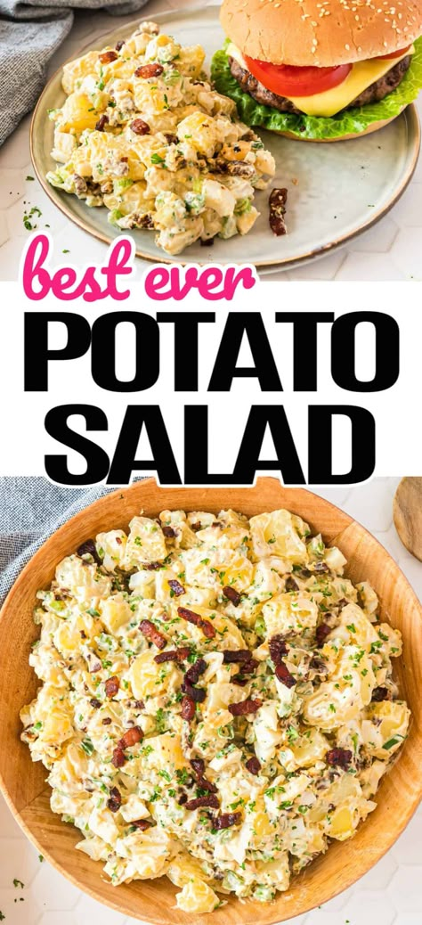 Here's the Best EVER Potato Salad recipe for summertime entertaining! Creamy & bursting with so many flavors! It’s a party for the tastebuds! #Realhousemoms #potatosalad #bestever #summertime #potluck #bbq #creamy #mayoandsourcream #partyfood #easyrecipe Bacon Potato Salad Recipe, Potluck Bbq, Grilled Potato Salad, Best Potato Salad Recipe, Potatoe Salad, Bbq Potatoes, Baked Potato Salad, Summer Potluck, Bacon Potato Salad