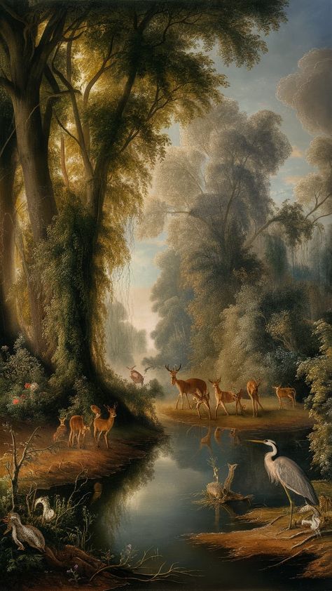 Immerse yourself in 'Dawn's Embrace,' a breathtaking artwork blending Renaissance techniques with Impressionist vibrancy. Experience serene countryside beauty at dawn, where sunlight dances through trees, casting shadows on a mirrored river. Witness lifelike flora and fauna, including deer and herons, in a tranquil atmosphere that evokes awe. Perfect for art lovers and nature enthusiasts. #Art #Nature #Impressionism #Renaissance Paintings With Meaning, Casting Shadows, Wall Pics, Pin Ideas, Pretty Backgrounds, Herons, Romantic Art, Art Nature, Nature Paintings