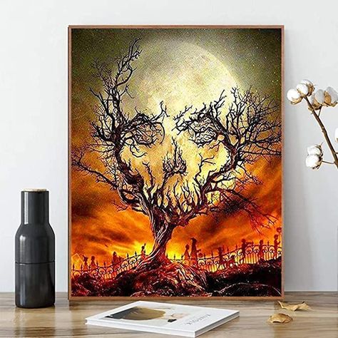 Image Halloween, Halloween Artwork, Halloween Painting, Canvas Painting Diy, Tree Canvas, Tree Wall Art, Diy Canvas, Paint By Number, Painting Techniques