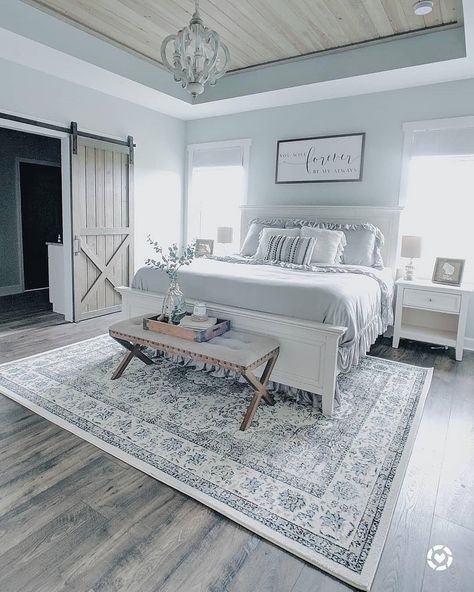 Farmhouse Style on Instagram: “This light blue farmhouse bedroom has us swooning! 😍 Every detail of this room is perfect! 🏡 What do you think? 👀 TAG a friend who wants…” Interior Farmhouse, Vintage Containers, Bedroom Farmhouse, Window Mirror, 아파트 인테리어, Bedroom Refresh, Farmhouse Bedroom, Master Bedrooms Decor, Decor Minimalist