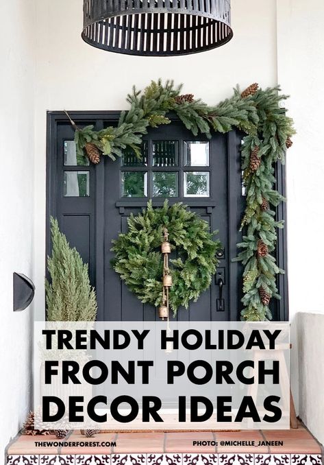 Peace Sign Christmas Wreath, Modern Porch Christmas Decor, Simple Front Door Christmas Decor Ideas, Christmas Decor Outdoor Porch, Christmas Front Doors Entrance, Front Window Christmas Decor Outdoor, Modern Farmhouse Christmas Front Porch, Modern Front Porch Christmas Decor Ideas, Front Door Christmasdecor