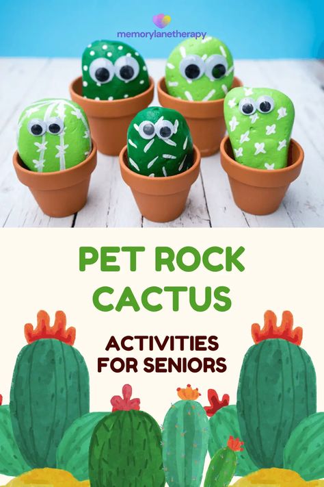 Arts And Crafts For Seniors, Pet Rocks Craft, Fun Activities For Seniors, Activity For Seniors, Care Home Activities, Cactus Rocks, Diy Rocks, Pre K Ideas, Rock Cactus