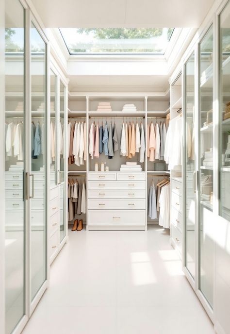 Walk in Closet Ideas Walk In Closet Skylight, Boutique Style Closet, Transitional Closet, Smart Closet, Corner Closet, Closet Storage Systems, Modular Closets, White Closet, Modern Floating Shelves