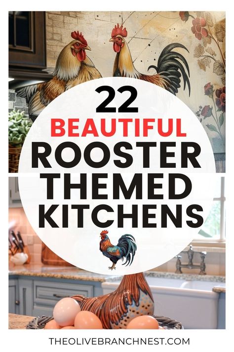 Create a warm, country ambiance in your kitchen with rooster-themed decor. Combining farmhouse flair with hints of red, these decorating ideas infuse your space with rustic elegance. Whether through textiles or wall art, rooster motifs add a playful yet traditional touch. Kitchen Rooster Decor Ideas, Rooster Kitchen Ideas, Rooster Diy Crafts, Chicken Decor Kitchen Farmhouse Style, Rooster Themed Kitchen, Decorating With Chickens, Farmhouse Chicken Decor, Decorating With Roosters, Rustic Farmhouse Kitchen Ideas Country