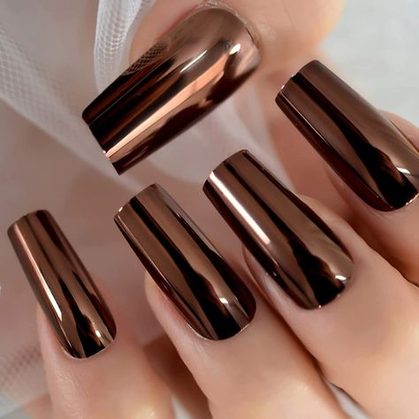 Wide Nails, Fake Nails Long, Chrome Nails Designs, Metallic Nails, Ballerina Nails, Nails Long, Brown Nails, Nail Art Hacks, Chrome Nails