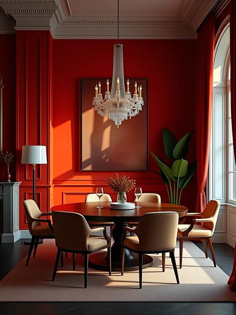 Dining room with bold accent wall and dramatic lighting Room Painting Tips, Dining Room Painting, Bold Accent Wall, Orange Dining Room, Paint Trays, Dining Room Paint, Leftover Paint, Room Painting, Dramatic Lighting