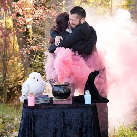 Which Or Wizard Gender Reveal, Wizard Gender Reveal, Hogwarts Gender Reveal, Dark Gender Reveal, Goth Gender Reveal Ideas, Goth Gender Reveal, A Baby Is Brewing Gender Reveal, Gender Reveal Ideas Halloween, Cauldron Gender Reveal