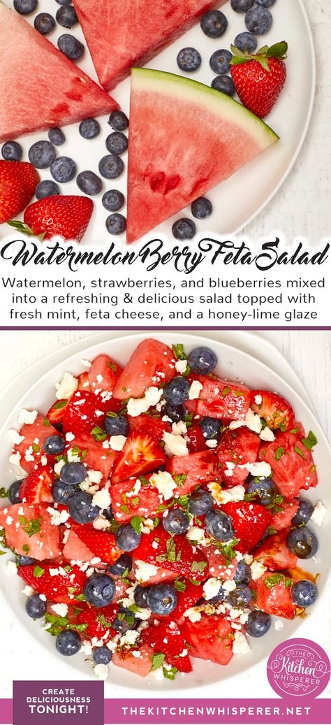 Say HELLO TO SUMMER YUM with this Watermelon Berry Feta Salad! Watermelon, strawberries, and blueberries mixed into a refreshing & delicious salad topped with fresh mint, feta cheese, and a honey-lime glaze. Kick it up a notch with a balsamic drizzle too! Watermelon Berry Feta Salad, watermelon blueberry fetal salad, best summer salad, beat the heat fruit salad, balsamic watermelon, watermelon and mint salad, healthy summer salad Salad Ideas For Lunch, Big Batch Recipes, Salad Feta, Salad Watermelon, Strawberry Feta, Lime Glaze, Balsamic Drizzle, Best Summer Salads, Blueberry Salad