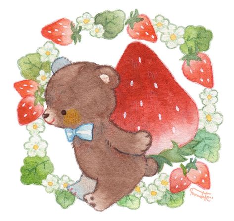 Watercolor Strawberry, Strawberry Drawing, Teddy Bear Drawing, Arte Do Kawaii, Strawberry Bear, Bear Drawing, Cute Paintings, Vintage Drawing, Bear Art