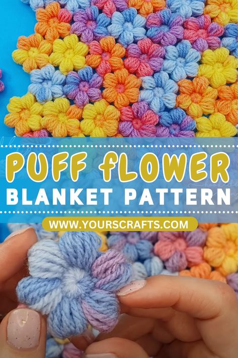 PUFF FLOWER BLANKET Free Puff Flower Crochet Pattern, Puffy Flowers Crochet, Crochet Puff Flower Pattern, Crochet Puffy Flowers Free Pattern, Puffy Crochet Flowers, Crochet Puff Flower Blanket, Puff Flower Crochet Blanket, Puff Flower Blanket, Puff Flower Crochet Pattern