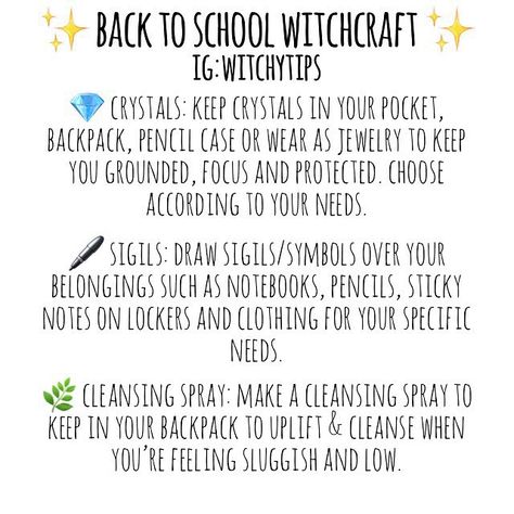 Tips for Witches Everywhere! ✨ on Instagram: “Just a few tips & tricks for those witches who are heading back to school soon! ✏️ Remember to not get too caught up and focused on…” Witchytips Instagram, Urban Witch, Wiccan Illustration, Beginner Witch, Witch Board, Witch Tips, Witchy Tips, Green Witchcraft, Witch Stuff