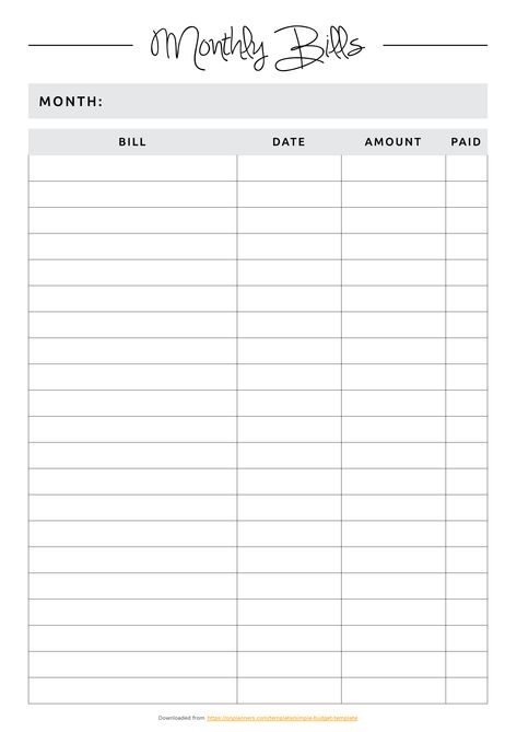 Money to spare likes good care. Save your money with keeping your monthly bills. You can plan all expenses at the beginning of the month and then just check which is done by putting a tick in ""Paid"" box. Sections available in this template: Month's name section, Bill, Date, Amount, Paid  #printablebudgetplanner #savingmoney #budgetplannertemplate #planner #printable Bill Spreadsheet Excel, Monthly Bills Checklist, Finance Template Free Printables, Monthly Money Planner, Bill Template Monthly Budget, Bills Planner Template, Monthly Bill Planner Printable Free, Monthly Budget Planner Printable, Blank Budget Template