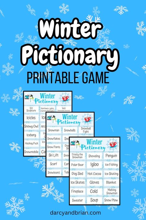 Looking for a fun and interactive game for kids? Try our printable Winter Pictionary word list! With 54 game cards filled with winter-themed prompts, this draw and guess game can be played at home or in school. It's perfect for keeping the little ones entertained during the chilly season. Winter Charades For Kids, Winter Games For Kids, Pictionary Word List, Pictionary Words, Winter Science Activities, Drawing Games For Kids, Classroom Timer, Winter Activities For Kids, Science Activities For Kids