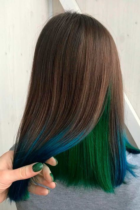 Refreshing Peekaboo Hair Ideas: Spice Up Your Color And Keep It Healthy At Once ★ Tips Of Hair Dyed, Funky Hair Colors, Peekaboo Hair Colors, Blue Ombre Hair, Hair Color Underneath, Brown Hair Dye, Hair Color Caramel, Peekaboo Hair, Teal Hair