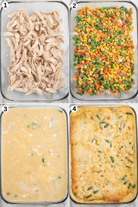 spread the shredded chicken. pour the frozen veggies on top of the chicken. pour the soup mixture and bake. Shredded Chicken And Vegetable Recipes, Shredded Dark Meat Chicken Recipes, Chicken And Frozen Vegetable Recipes, Rotisserie Shredded Chicken Recipes, Shredded Chicken Recipes Casserole, Mixed Veggie Recipes, Chicken Perlo, Chicken Veggie Casserole, Shredded Chicken Casserole