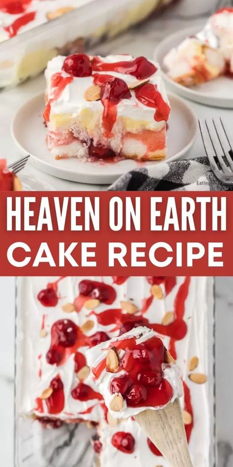 Heaven on Earth Cake Recipe - Eating on a Dime Heavenly Cake Recipe, Heaven On Earth Cake Recipe, Heaven Cake Recipe, Heaven On Earth Cake, Lush Cake, Icebox Cakes, Angel Food Cake Desserts, Earth Cake, Banana Split Cake