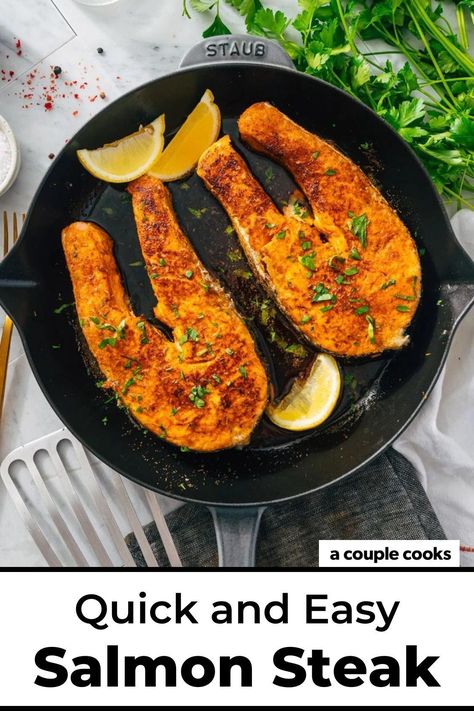 This easy salmon steak recipe makes perfectly seasoned, tender steaks! Shower with spices and spritz with lemon for a standout meal. Pop over to our site for the recipe! Salmon Steak Marinade, Salmon Stakes Recipes, Salmon Steaks Recipes, Salmon Steak Recipes, A Couple Cooks, Seafood Diet, Vegan Recipes Plant Based, Salmon Steak, Couple Cooking