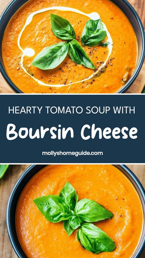 Indulge in the rich and creamy flavors of tomato soup with Boursin cheese. This comforting combination will warm you up on a chilly day and leave your taste buds craving for more. With just the right amount of tanginess from the tomatoes and creaminess from the Boursin cheese, this soup is a perfect balance of flavors. Whether you're looking for a quick weeknight dinner or a cozy meal to enjoy by the fireplace, this tomato soup with Boursin cheese will not disappoint. Boursin Tomato Soup, Boursin Soup Recipes, Tomato Soup With Boursin Cheese, Cottage Cheese Tomato Soup, Cheesy Tomato Soup, Boursin Cheese Recipe, Hearty Tomato Soup, Delicious Tomato Soup, Boursin Cheese Recipes