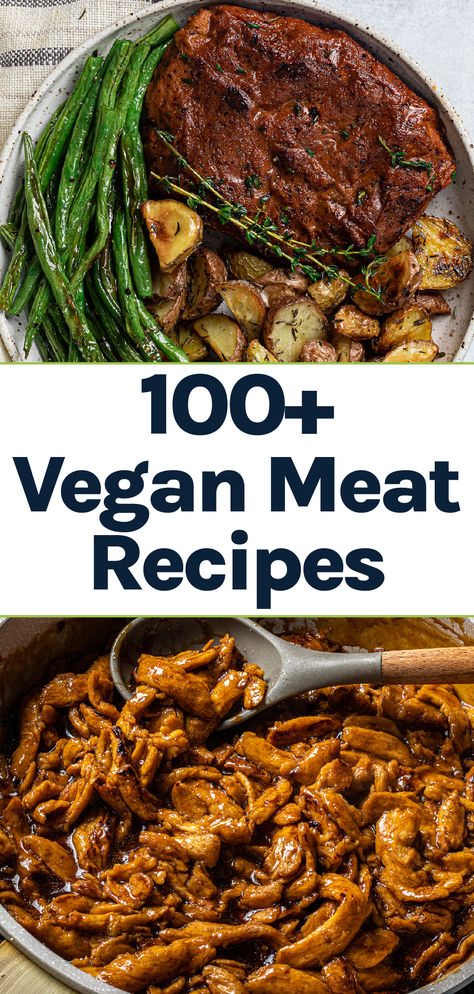 A pin about over 100 vegan meat recipes, featuring a seitan steak and soy curl teriyaki vegan chicken. Recipes Using Seitan, Vegan Meat Options, Vegan Gluten Free Main Dishes, Seitan Dinner Recipes, Vegan Meat Replacements, Vegan Meats Recipes, Vegan Shredded Beef, Vegan Student Recipes, Seitan Recipes Dinners