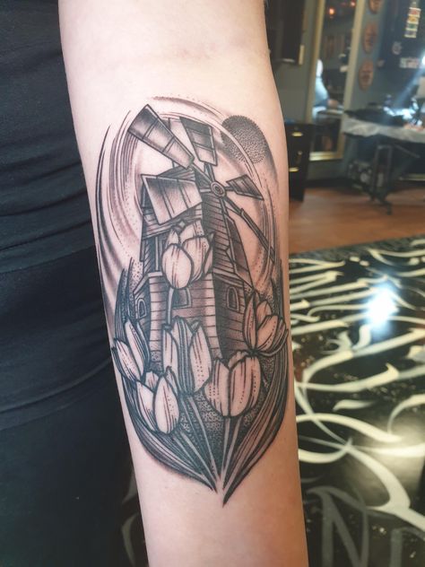 A windmill to honour my dutch heritage Dutch Heritage Tattoo, Dutch Inspired Tattoos, Dutch Tattoo Ideas, Rain Tattoos, Windmill Tattoo, Dutch Tattoo, Rain Tattoo, Tulip Tattoo, Dutch Heritage