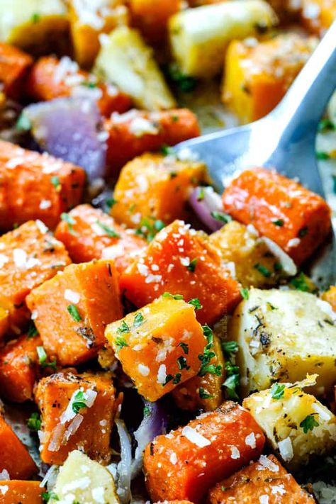 up close of a spatula scooping up roasted root vegetables with Parmesan on a baking tray Roasted Veges, Root Vegetables Recipes, Vegetable Stir Fry Recipe, Veggie Side Dish Recipes, Roasted Root Veggies, Work Recipes, Maple Balsamic, Thanksgiving 2023, Vegetable Recipe