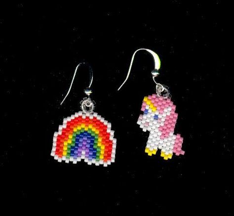 Unicorns and Rainbows Beaded Earrings Throw Back to by FoxyMomma Brick Stitch Rainbow, Unicorn Cross Stitch Pattern, Unicorns And Rainbows, Seed Bead Projects, Seed Bead Crafts, Brick Stitch Pattern, Throw Back, Rainbow Beads, Beaded Animals