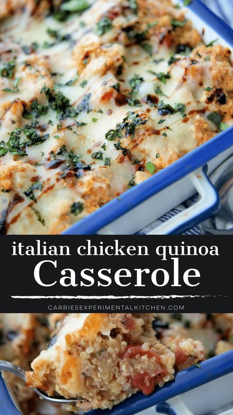 Italian Chicken Quinoa Casserole made with shredded chicken, nutty quinoa and fire roasted tomatoes; then topped with shredded Mozzarella cheese. Chicken Quinoa Casserole, Chicken Quinoa Recipes, Baked Meals, Chicken And Quinoa, Healthy Fried Chicken, Quinoa Recipes Healthy, Quinoa Casserole, Roast Chicken Leftovers, Stew Chicken Recipe