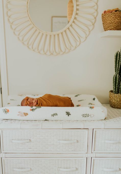 Wicker Dresser Nursery, White Wicker Nursery, White Wicker Dresser, Wicker Nursery, Cube Storage Bench, Dresser Nursery, White Storage Baskets, Changing Dresser, Nursery Tour