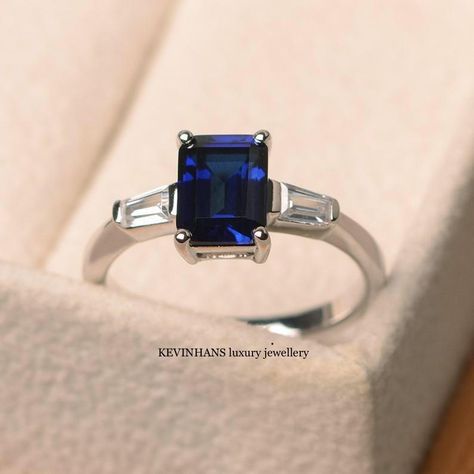 Blue Sapphire Ring Promise Ring September Birthstone Ring | Etsy Emerald Cut Sapphire Ring, September Birthstone Ring, Art Deco Sapphire Ring, Blue Gemstone Ring, Ring Emerald Cut, Sapphire Birthstone, September Birthstone Rings, Blue Gemstone Rings, Vintage Engagement Rings Unique