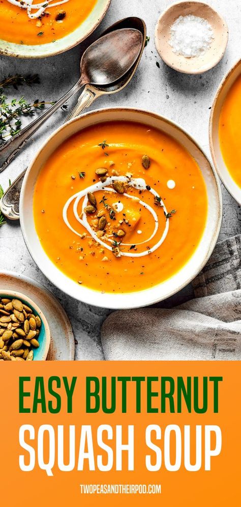 This easy, creamy butternut squash soup is made in the Instant Pot and is the perfect healthy meal for fall! You can also make it on the stove top or in the slow cooker. Easy Butternut Squash Recipes Soup, Easy Butternut Soup, Easy Squash Recipes, Easy Butternut Squash Soup, Spicy Butternut Squash Soup, Vegan Butternut Squash Soup, Easy Vegan Soup, Healthy Butternut Squash, Frozen Butternut Squash