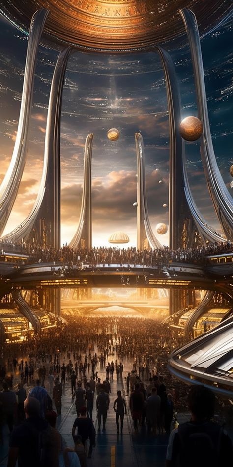 Fantasy Futuristic City, Science Fiction Architecture, Future Cities, Sci Fi Mansion, Futuristic Ballroom, Utopian City, Futuristic Castle, Futuristic World, Sci Fi City Futuristic Architecture