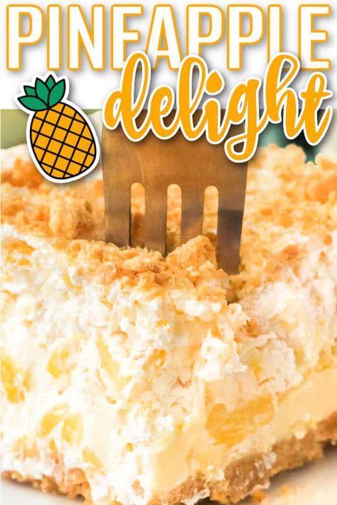 Heavenly Pineapple Pecan Cheesecake Bars, Pineapple Delight Dessert Cool Whip, Light Pineapple Desserts, Pineapple Surprise Dessert, Healthy Crushed Pineapple Recipes, Pineapple Delight Recipe, Tropical Pineapple Paradise Pie, Coconut Pineapple Dessert Recipes, No Bake Pineapple Desserts Easy