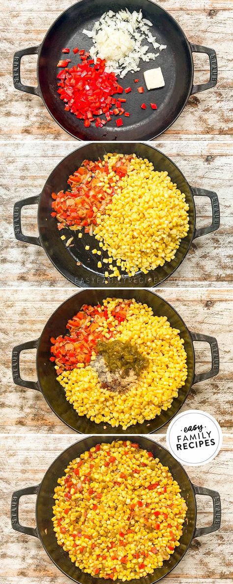 This Southwest Corn recipe is super simple for a side dish that’s easy to make and family friendly too! Made with canned, fresh, or frozen corn along with red bell pepper, onion, diced green chiles and seasoning for a full-of-flavor side dish that’s perfect with Tex-Mex, Southwest, or Mexican entrees. We love this Southwest-style corn recipe and make it all the time. Corn With Peppers And Onions, Corn Red Pepper Side Dish, Southwest Corn Recipe, Southwest Corn, Beef Taco Casserole, Taco Side Dishes, Asian Steak Bites, Mexican Entrees, Asian Steak