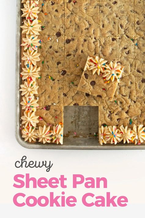 This chewy sheet pan cookie cake is the perfect birthday treat for a crowd! Bake in a rimmed half sheet cookie sheet to feed 24-36 people! Sheet Pan Cookie Cake, Homemade Cookie Cakes, Giant Cookie Cake, Giant Chocolate Chip Cookie, Pan Cookies, Cookie Sandwiches, Canned Frosting, Chocolate Chip Cookie Cake, Cookie Cake Birthday