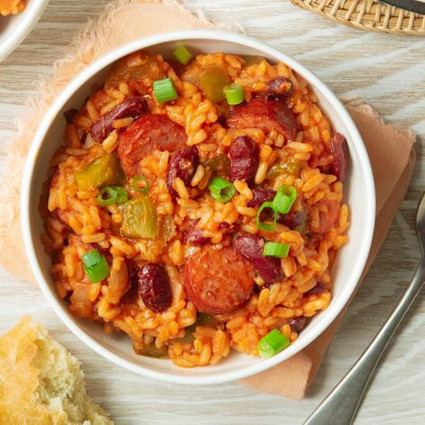 This Dutch oven red beans and rice recipe is a great one-pot meal. It's one of my husband's favorites and it uses simple ingredients, so it's been a go-to recipe in our house for years. —Janice Conklin, Stevensville, Montana Sausage And Rice Recipes, Fat Tuesday Food, Sausage And Rice, Red Beans N Rice Recipe, Sausage Jambalaya, Mardi Gras Food, Red Beans And Rice, Rice Recipes For Dinner, Jambalaya Recipe