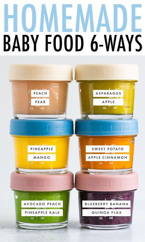 6 easy and tasty baby food combo recipes: Sweet Potato Apple, Asparagus Apple, Blueberry Banana Quinoa Flax, Peach Pear, Avocado Peach Pineapple Kale and Pineapple Mango. These homemade baby food recipes are great for stage 2! They are quick and easy to make, and perfect to freeze for later. #eatingbirdfood #babyfood #baby #babyrecipe #stage2 #stagetwo Pure Baby Food Recipes, Making Your Own Baby Food, Kale Baby Food Recipes, Stage 2 Baby Food Recipes, Stage 1 Baby Food Recipes, Baby Food Essentials, Baby Food Puree Combinations, Freeze Baby Food, Banana Quinoa