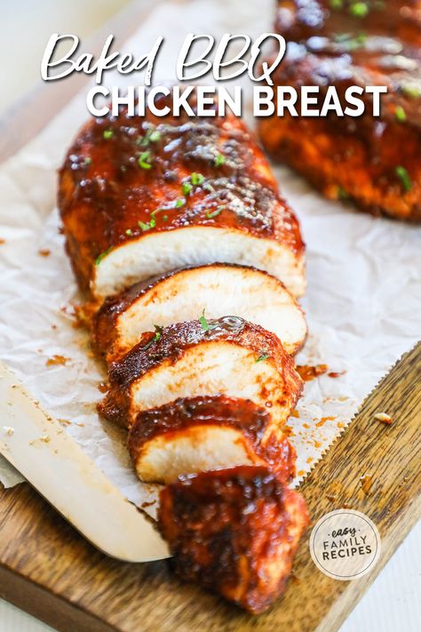 This 30 Minute Baked BBQ Chicken Breast is a summer recipe you can enjoy all year long! The chicken is slathered in a sweet, smoky, savory spice blend, covered in BBQ sauce, then baked until tender and juicy. Serve this Oven-Baked BBQ Chicken with any of your favorite summer side dishes. It's a meal that the whole family will love that takes just 5 minutes to prep. Serve this BBQ Oven Baked Chicken as is or shred it up and use it in another recipe! Baked Bbq Chicken Breast, Easy Baked Bbq Chicken, Baked Barbeque Chicken, Bbq Baked Chicken Breast, Baked Bbq Chicken Recipes, Bbq Chicken Breast Recipe, Oven Baked Bbq Chicken, Chicken Breast Oven, Easy Bbq Recipes