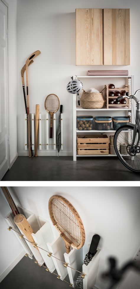 Hallway Storage Ikea, Ikea Mosslanda Hack, Ikea Garage Storage, Hockey Stick Storage, Garage Storage Hacks, Ikea Storage Shelves, Ikea Garage, Ikea Mosslanda, Ikea Picture Ledge