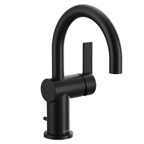 Moen Cia, Matte Black Bathroom Faucet, Black Bathroom Faucet, Matte Black Bathroom, Custom Countertops, Luxurious Showers, Single Hole Bathroom Faucet, Bath Faucet, Metal Spring