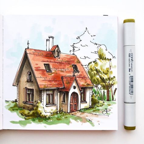 Architecture Drawing Art Buildings, Alcoholic Markers, Markers Drawing Architecture, Sketches Architecture, Architecture Paintings, Art Buildings, Art Markers Drawing, Markers Drawing Ideas, Copic Marker Art