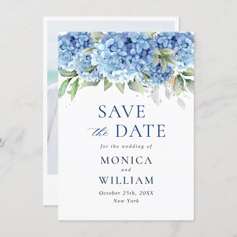 Elegant Blue Hydrangea Floral Wedding Photo Save The Date Blue Bridal Shower Decorations, Save The Date Blue, Blue Hydrangea Wedding, Rustic Wedding Save The Dates, Engagement Invitation Template, Hydrangea Wedding, Couples Bridal Shower, Rustic Save The Dates, Blue Invitation